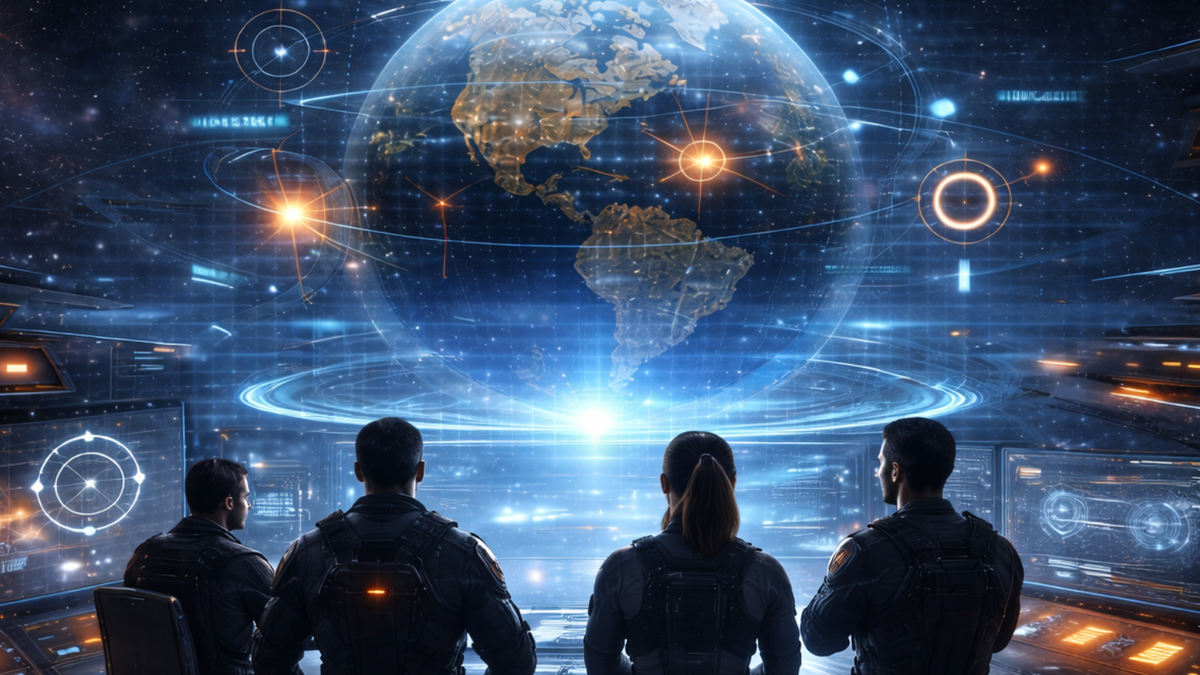 Four silhouetted people in futuristic uniforms stand in a high-tech control room, facing a large holographic globe of North America with glowing interface graphics and orange light accents in a dark blue space-themed setting.